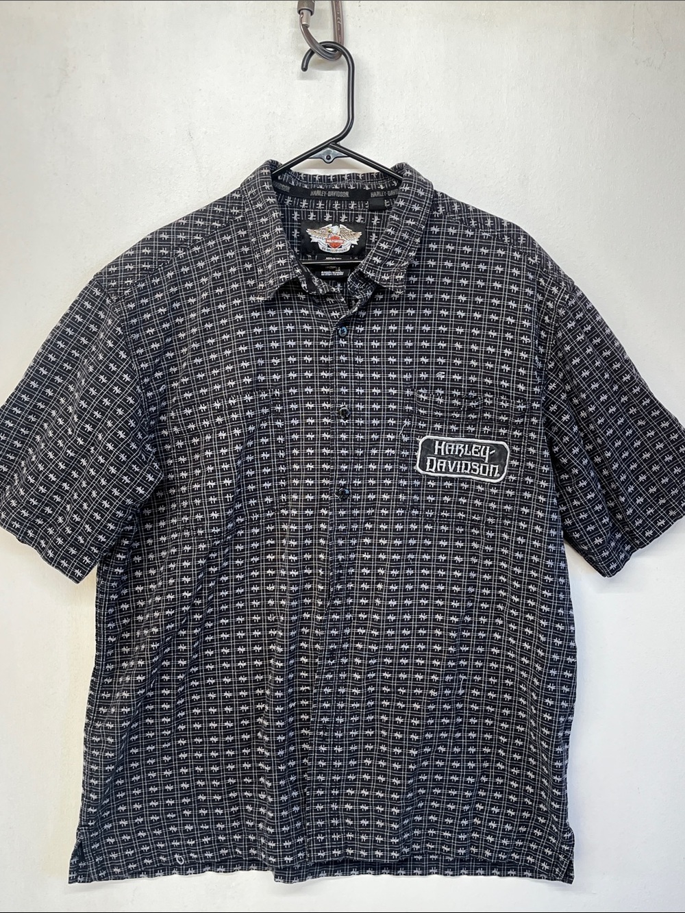 Vintage men’s all over monogram Harley Davidson button up SS shirt size XL
